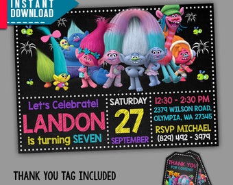 Trolls Birthday, Trolls Invitation, Trolls Party, Editable PDF Template, Instant Download, Editable Invitation, FREE Thank You Tags