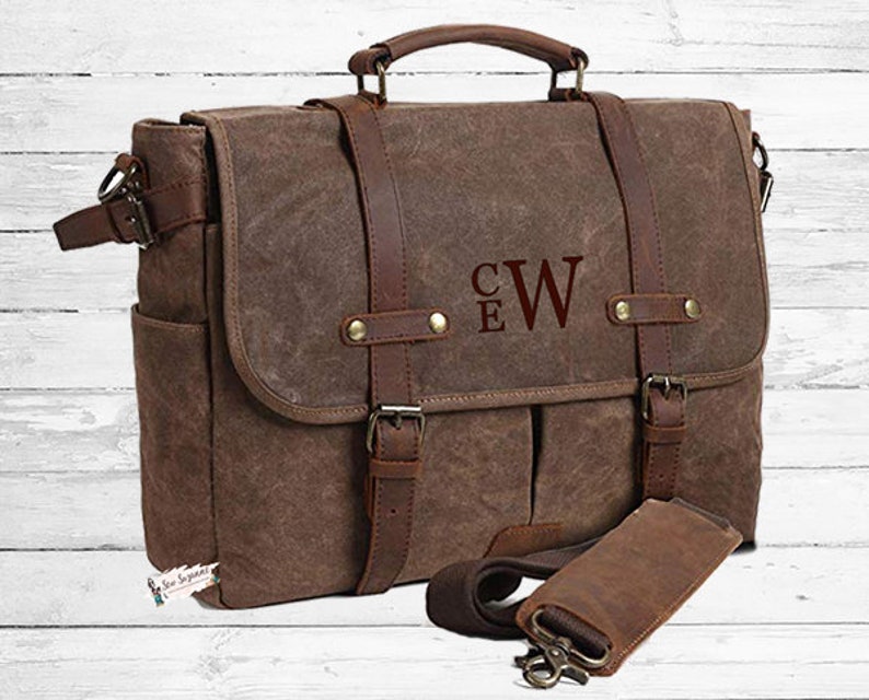 Monogrammed Retro Men S Messenger Bag Waxed Canvas Leather Image 0
