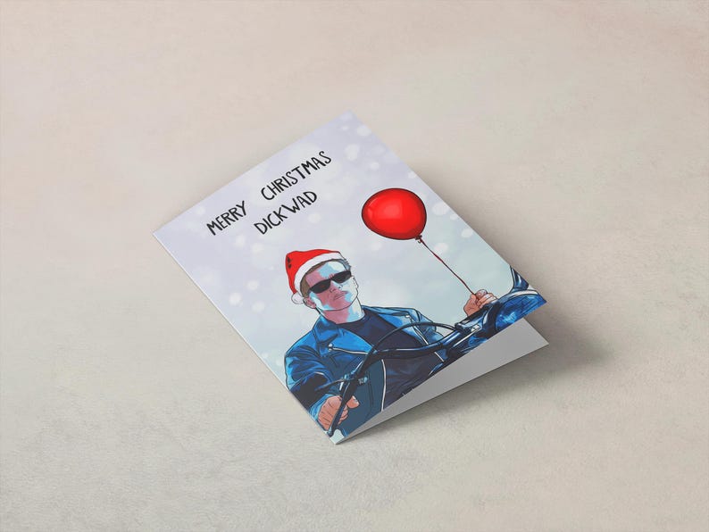 Funny Terminator Christmas card featuring Arnold Schwarzenegger with festive design and humorous quote, perfect for movie fans during the holidays.
