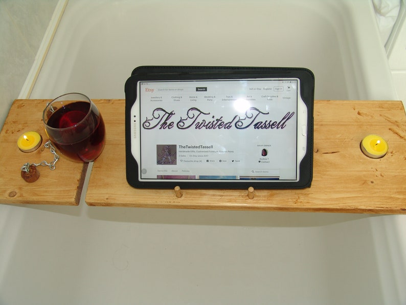 Tablet Wooden Bath Caddy candle /& Wine Holder