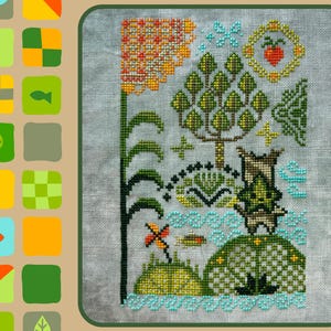 May include: Cross-stitch embroidery pattern depicting a whimsical garden scene with a tree, flowers, and a birdhouse. The design is stitched in shades of green, orange, and blue on a white linen fabric.