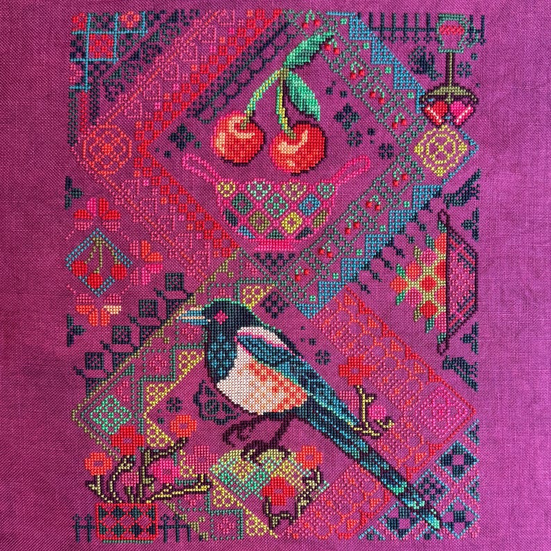 Cherry Magpie Cross Stitch