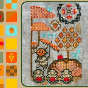 May include: Cross-stitch pattern featuring a whimsical autumn scene with a brown and orange fox holding an umbrella, a tree with orange and yellow leaves, and a brown and orange mushroom. The scene is surrounded by a border of brown and orange leaves.