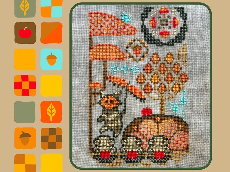 May include: Cross-stitch pattern featuring a whimsical autumn scene with a brown and orange fox holding an umbrella, a tree with orange and yellow leaves, and a brown and orange mushroom. The scene is surrounded by a border of brown and orange leaves.