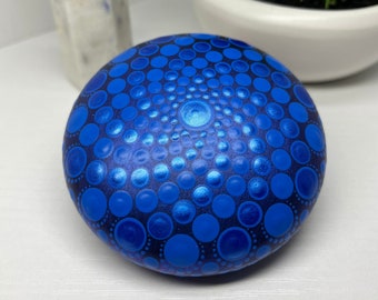 Small Dot Mandala Stone | Metallic Blue Dot Art | Mandala Art | Painted Stone