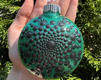 Green & Black Mandala Ornament | Dot Mandala Art | Mandala Art | Holiday Art | Christmas Ornament