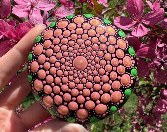 Small Dot Mandala Stone | Pink & Green Dot Art | Mandala Art | Painted Stone