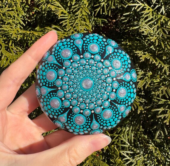 Small Dot Mandala Stone | Teal Dot Art | Mandala Art | Painted Stone