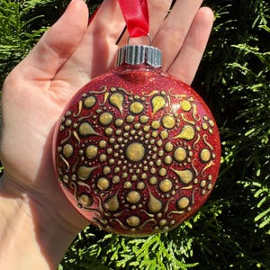 Red & Gold Mandala Ornament | Dot Mandala Art | Mandala Art | Holiday Art | Christmas Ornament