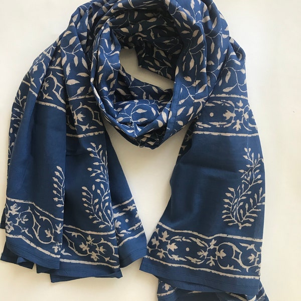 Hand Block Cotton Printed Shawl/Sarong/Shawl, Indigo dyed, Fairtrade and Ecofriendly, 84x44in