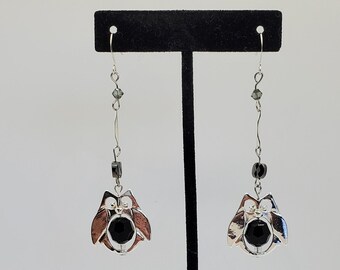 Silver Owl Earrings with Jet Black Swarovski Crystals