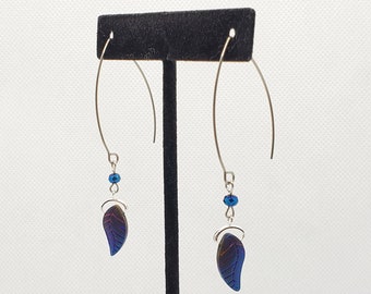 Silver Threader Earrings with Blue Leaves
