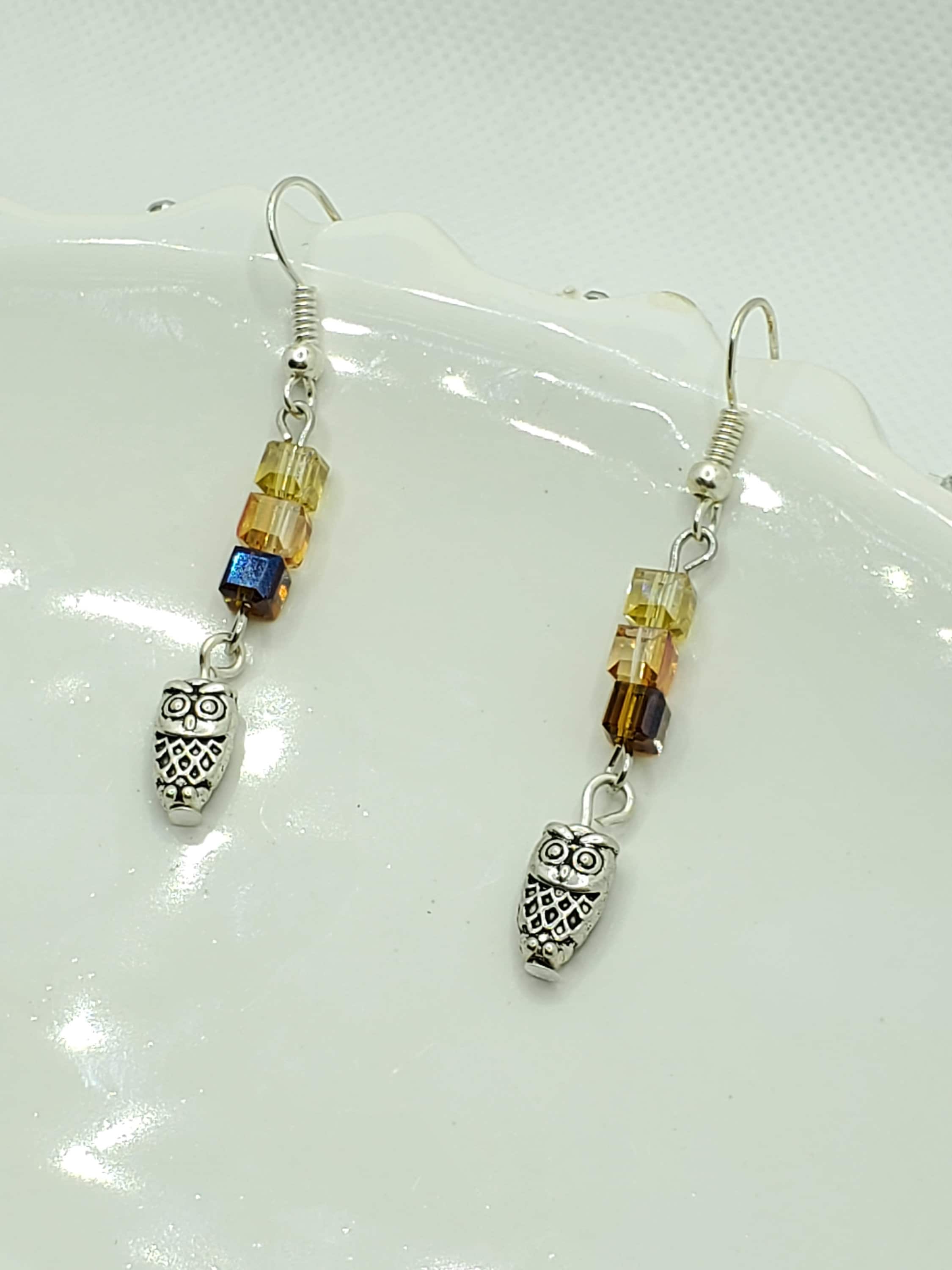 Orange and Topaz Owl Earrings