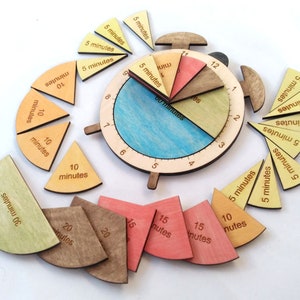 Wooden Learning Time Clock | Time Fraction Learning Set | Wooden Toy Clock | Childrens Learning Clock | Fraction of Time | Telling Time