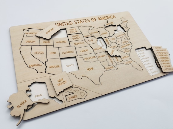 Puzzle Map of France With Cities of Wood, Engraved Map of the