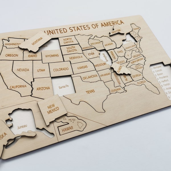 United States Wooden Puzzle Map With Capital City Under/ USA Map Puzzle/ Gift for Kids/ Learning Toys/