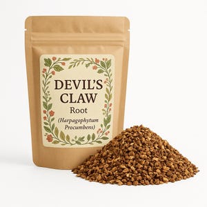 Könnte beinhalten: Ein brauner Papierbeutel mit einem Etikett, auf dem "Devil's Claw Root (Harpagophytum Procumbens)" steht. Der Beutel ist gefüllt mit braunen, getrockneten, gehackten Wurzeln.