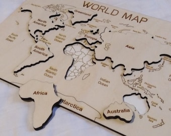 World Wooden Puzzle Map With Borders cOUNTRIES Under/ World Map Puzzle/ Gift for Kids/ Learning Toys/