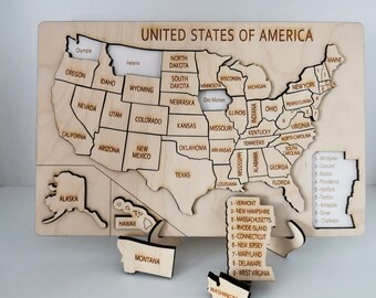 アメリカ合衆国　積み木　地図 アメリカ合衆国の木製パズルマップ（首都が下）/米国地図パズル/お子様
