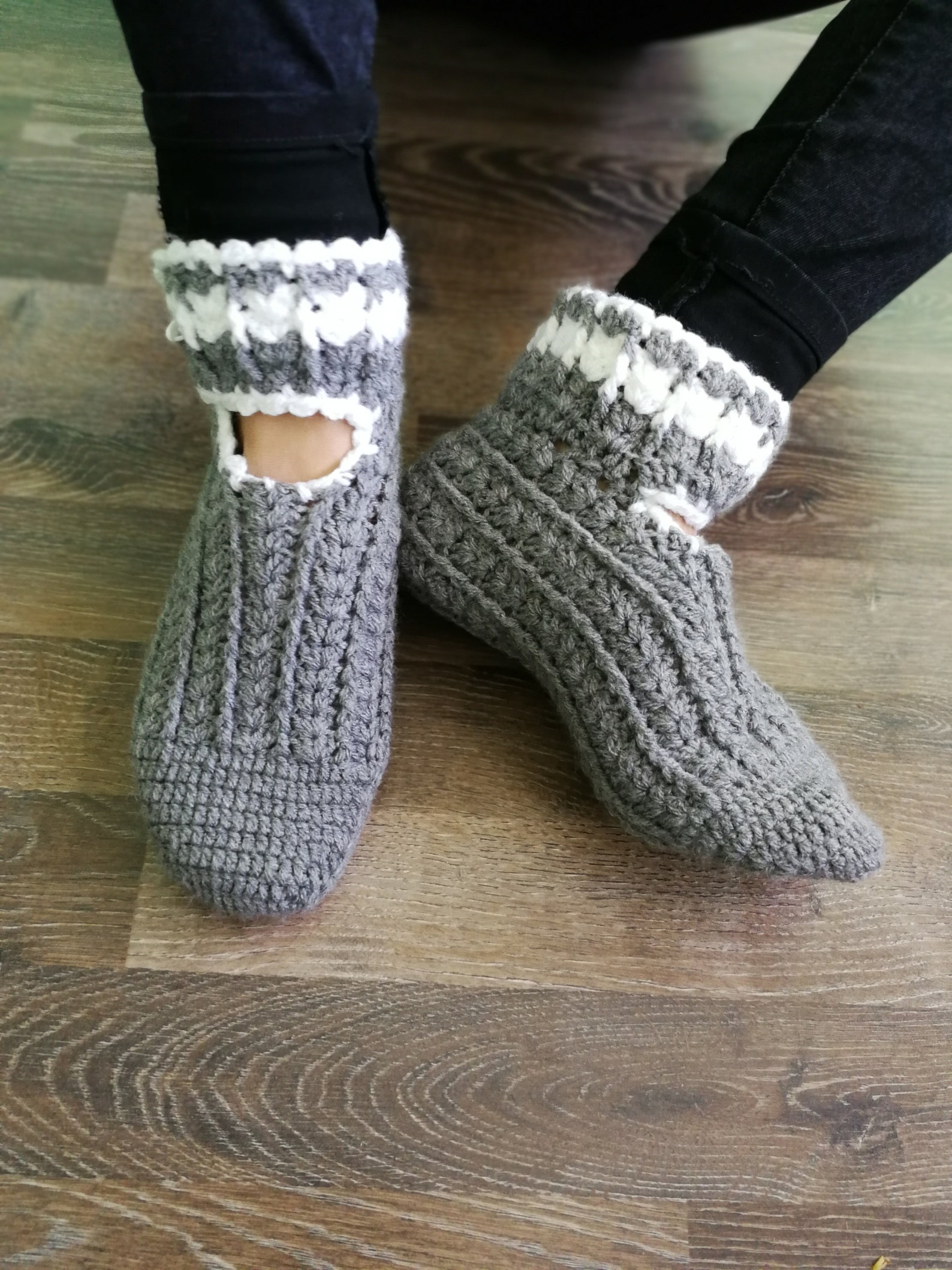 gray slippers, women slippers, chunky slippers, yoga socks, handmade home shoes, crochet, knit slippers, gift wrapped, ballet fl