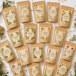 Peut inclure: Une collection de dix-sept sachets en papier brun disposés en grille, chacun présentant une illustration botanique et une étiquette avec des noms tels que Nettle Leaf, Elder Flower, Chamomile Flowers, Lavender Flowers et Ginger Root.
