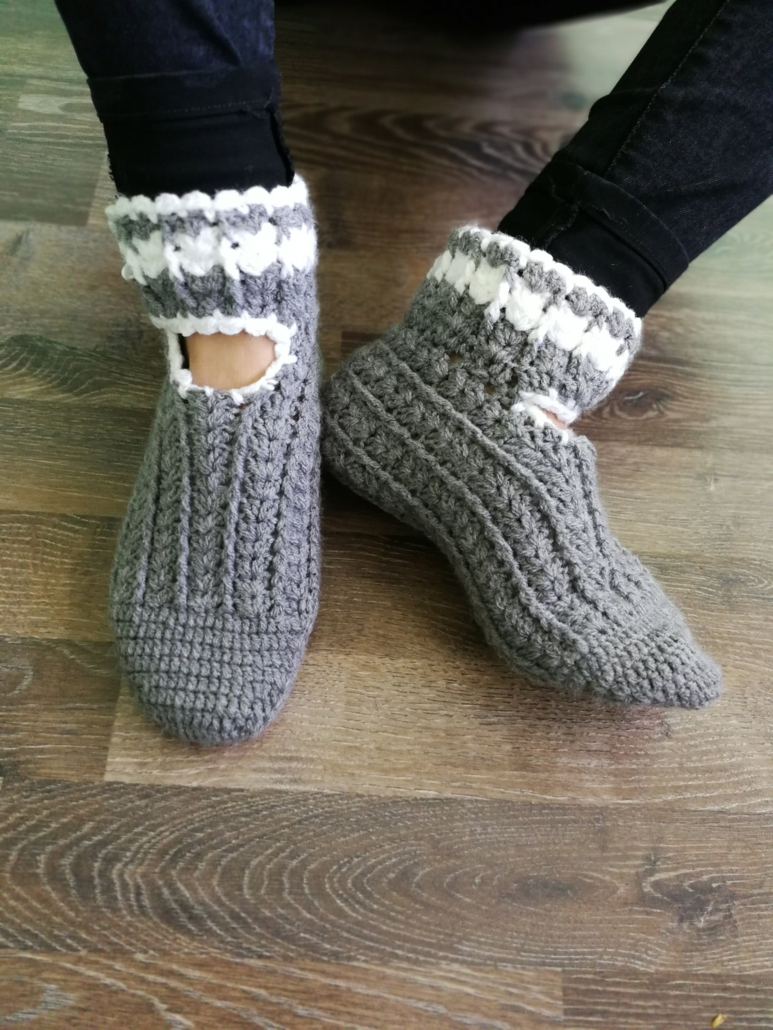 gray slippers, women slippers, chunky slippers, yoga socks, handmade home shoes, crochet, knit slippers, gift wrapped, ballet fl