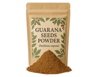 May include: A brown paper bag with a label that reads "Guarana Seeds Powder (Paullinia cupana)". The label has a green and brown illustration of guarana plants with red berries. A pile of brown guarana powder is in front of the bag.
