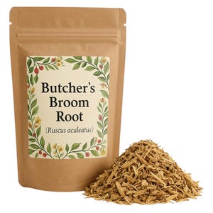 Può includere: Un sacchetto di carta marrone con un'etichetta che recita "Butcher's Broom Root (Ruscus aculeatus)". Il sacchetto è pieno di radice secca, di colore marrone chiaro, sminuzzata.