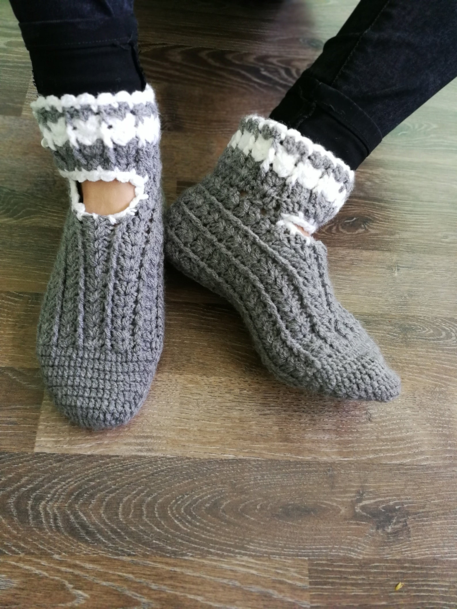 gray slippers, women slippers, chunky slippers, yoga socks, handmade home shoes, crochet, knit slippers, gift wrapped, ballet fl