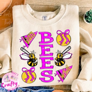 May include: A beige sweatshirt with a pink and yellow design featuring the word "BEES" with a softball, bee, and pennant graphics. The pennants say "Queen" and "Softball".