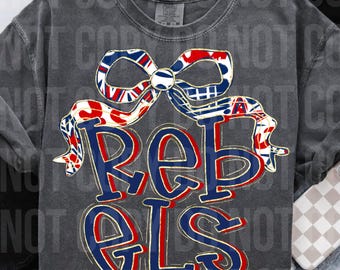 Rebels red navy Coquette bow faux glitter retro PNG, digital file, football, band, cheer, school spirit sublimation design
