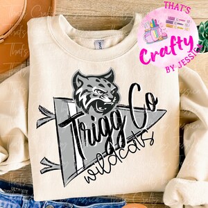 May include: Cream-colored sweatshirt featuring a gray and white wildcat logo and the words "Trigg Co Wildcats" in a stylized design. The sweatshirt has a crew neck and long sleeves.