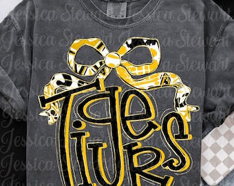 Tijgers zwart geel Coquette strik faux glitter retro PNG, digitaal bestand, voetbal, band, cheer, schoolgeest sublimatieontwerp