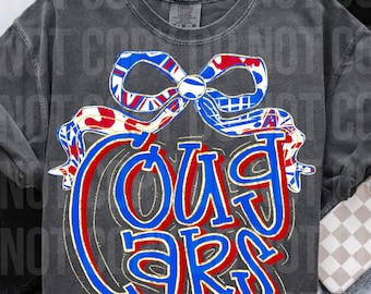 Cougars red blue Coquette bow faux glitter retro PNG, digital file, football, band, cheer, school spirit sublimation design