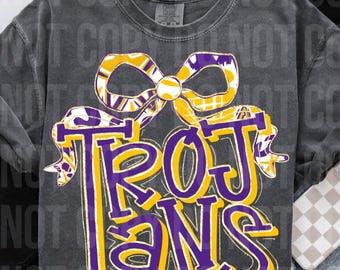 Trojans purple gold Coquette bow faux glitter retro PNG, digital file, football, band, cheer, school spirit sublimation design