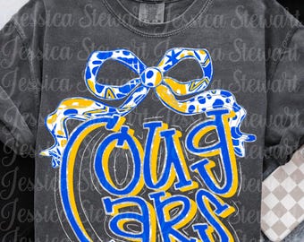 Cougars blue yellow Coquette bow faux glitter retro PNG, digital file, football, band, cheer, school spirit sublimation design
