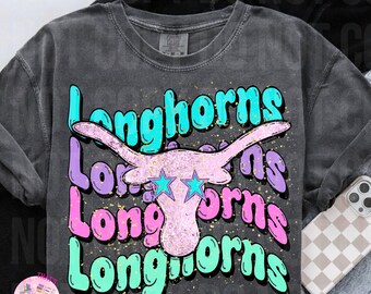 Preppy Longhorns wavy retro PNG, digital file, football, band, cheer, school spirit sublimation design