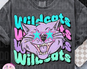 Preppy Wildcats wavy retro PNG, digital file, football, band, cheer, school spirit sublimation design