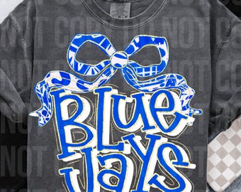 Bluejays blue Coquette bow faux glitter retro PNG, digital file, football, band, cheer, school spirit sublimation design