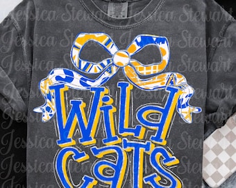 Wildcats blue yellow Coquette bow faux glitter retro PNG, digital file, football, band, cheer, school spirit sublimation design