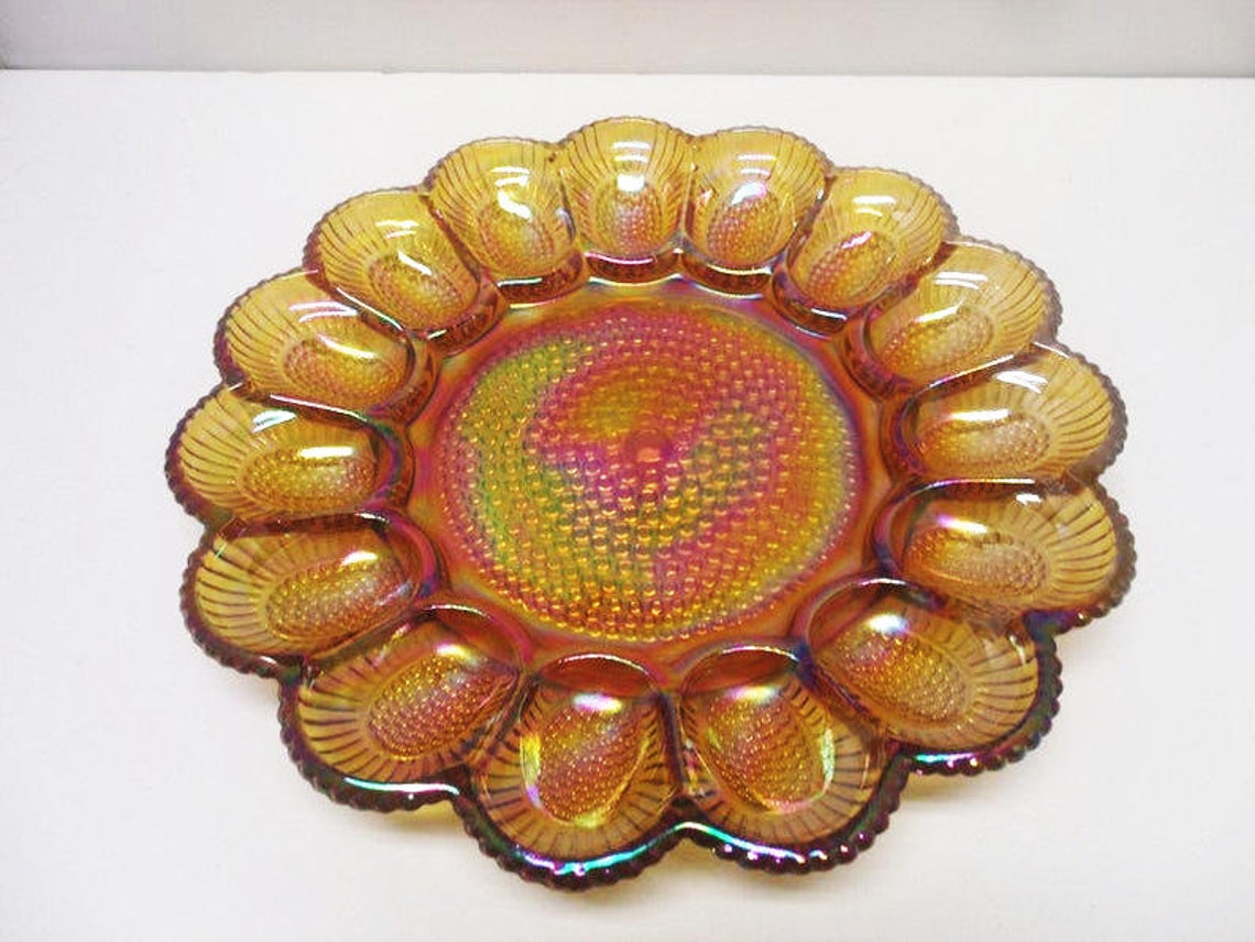 Carnival Glass Deviled Egg Dish Iridescent Amber Hobnail Etsy