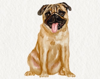May include: A watercolor painting of a brown and black pug dog sitting with its tongue sticking out. The dog is looking directly at the viewer.