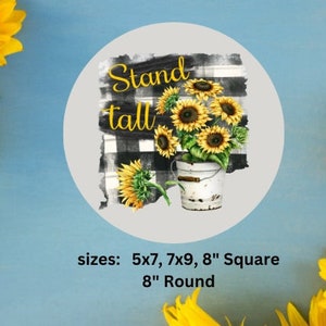 Stand Tall Sunflowers Black and White Plaid Metal Wreath Sign