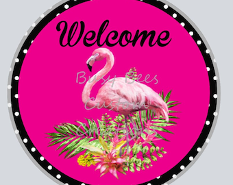 Welcome Flamingo Metal Wreath Sign