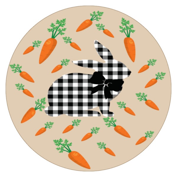 Plaid Bunny with Carrots Metal Wreath Sign