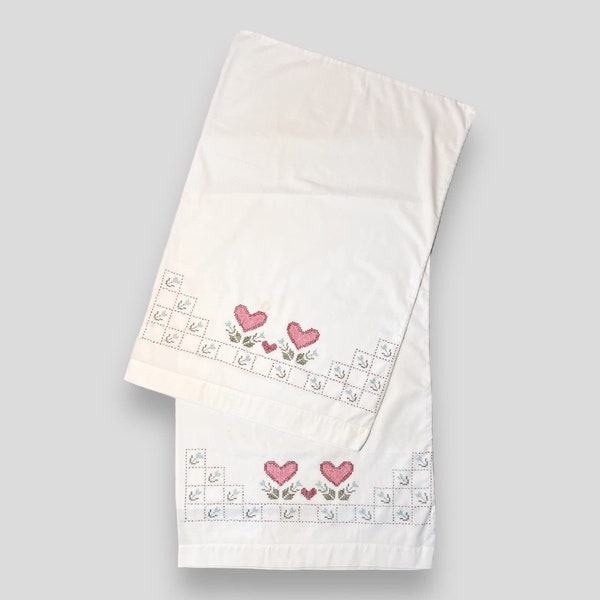 Pair Pillowcases, Vintage Linens, Flower Hearts, Embroidered, Dutch Style, Hand made, Wedding gift