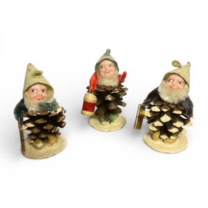 Vintage Mica Frosted Pinecone Elf Gnome Chenille Ornaments Japan