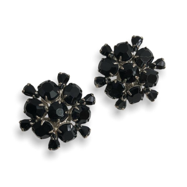 Weiss Black Clip Earrings Prong set Black Rhinestones Signed MCM Fashion Jewelry