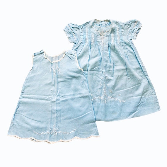 Vintage Blue smocked baby or doll dress set Cotto… - image 1