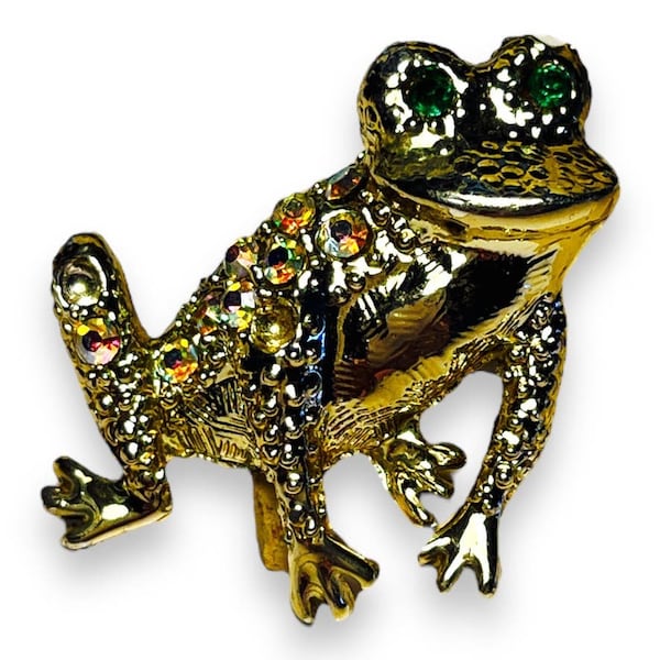 Frog Pin, Encrusted with Crystals on Gold Metal, Unmarked, Vintage, 1970s, Animal pin